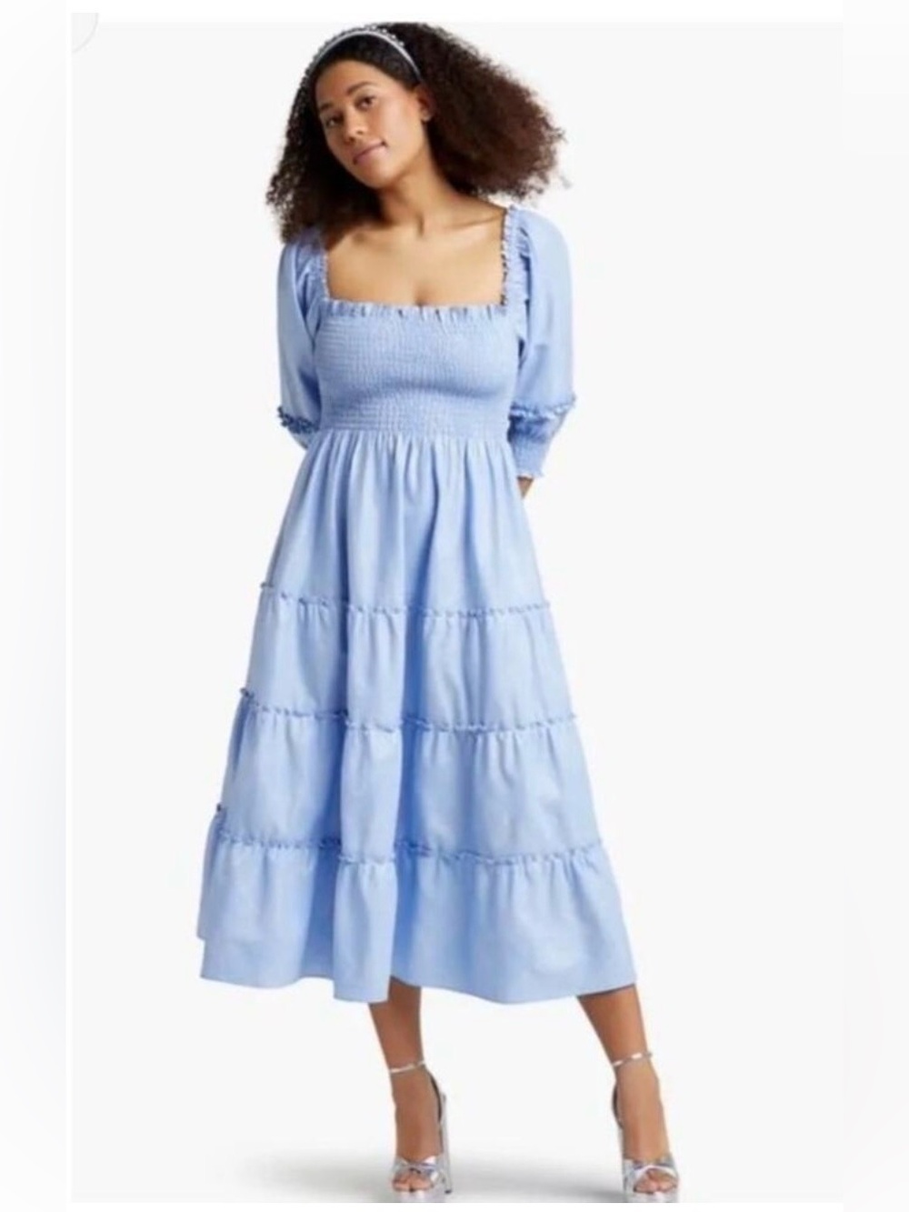 Hill House Home Light Blue Midi Dress w/a Subtle Sparkle, Smocked Tiered, Large
